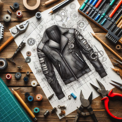 A designer sketches an industrial-inspired jacket, tools scattered, GRABE equipment diagram visible nearby.