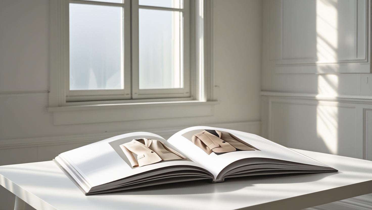 Minimalist fashion lookbook on white table with soft daylight and subtle shadows.