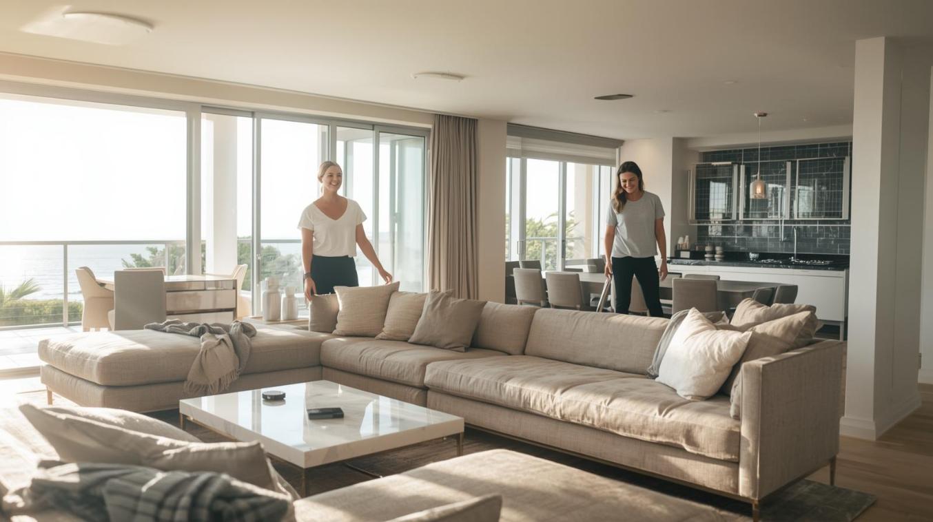 Two designers smiling beside a freshly cleaned luxury lounge under bright coastal sunlight.