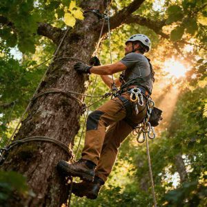 Professional arborist climbing a tall tree using ropes, harness, helmet, and modern climbing gear, to show fashion style surrounded by dense green forest canopy with sunlight filtering through leaves.