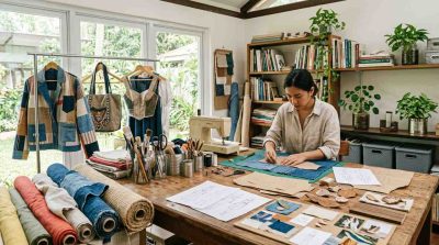 A creative design workspace featuring recycled fabrics, upcycled fashion pieces, repurposed containers, craft tools, natural materials, and sketches